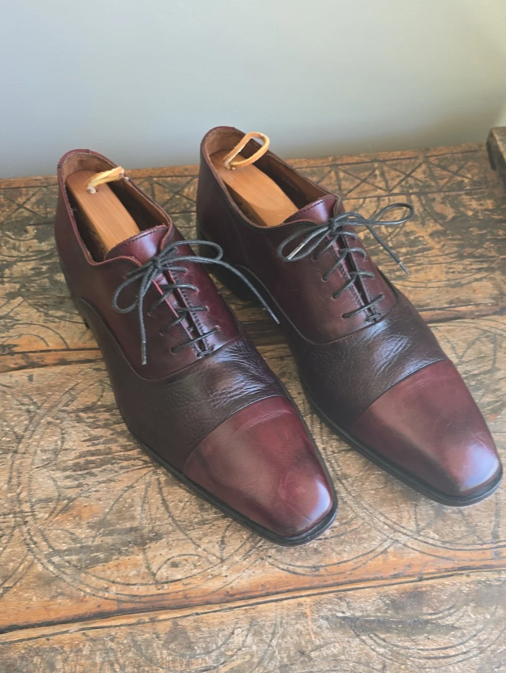 Massimo Matteo Two-Tone Cap-Toe Oxfords in Burgundy and Dark Burgundy